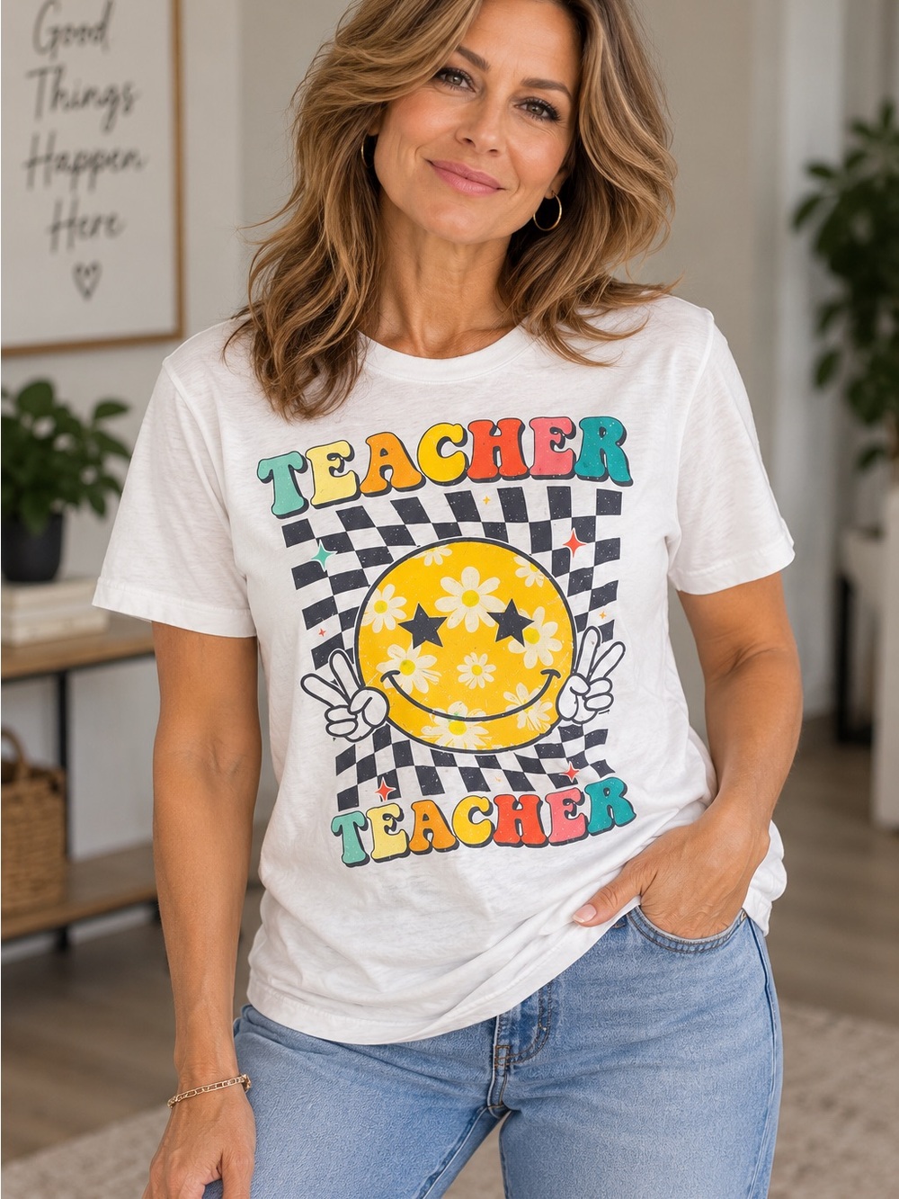 191 Gildan White Short-Sleeve Tee with Yellow Smiley & Multi-Color Graphic